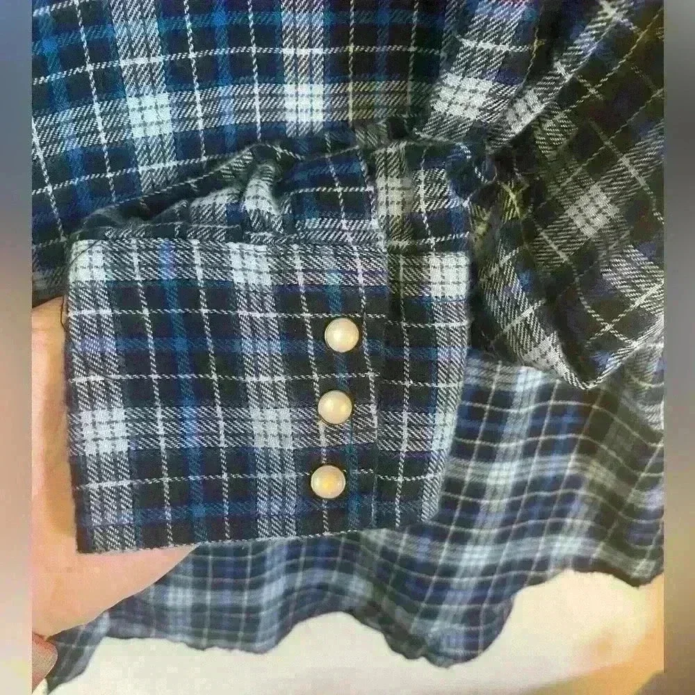 Wrangler Mens Large Long Sleeve Pearl Snap Pockets Collared Shirt Blue Plaid